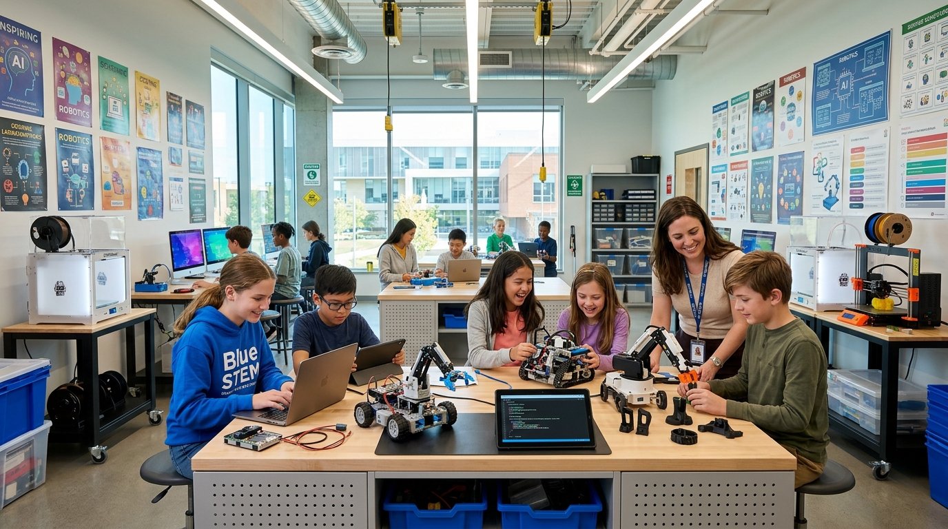 State of the art modern STEM and Robotics innovation laboratory classroom with teacher and students